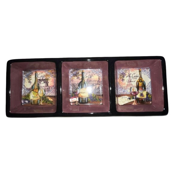 Certified International China Tre Sorelle 3 Part Divided Relish Tray Wine - Picture 1 of 6